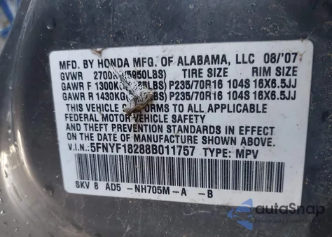 2008 Honda Pilot Vp z USA, uszkodzony, nr VIN 5FNYF18288B011757